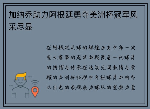 加纳乔助力阿根廷勇夺美洲杯冠军风采尽显